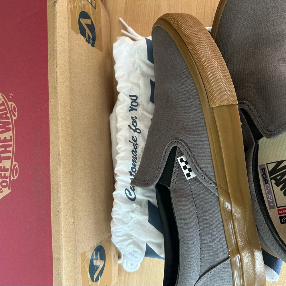 Vans Skateboard Slip-On in Gray Canvas with Gum Sole and Pop Cush